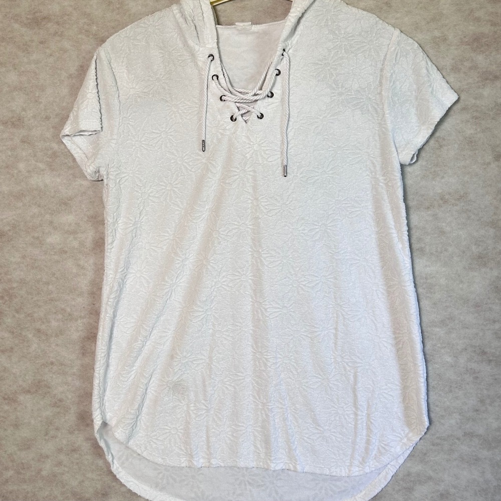 Time and Tru Womens XL White Lace Up Hooded Tunic‎ Top Short Sleeve